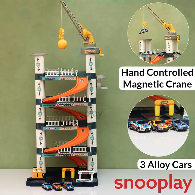 5-Tier City Car Parking Garage Playset With Hand Controlled Magnetic Crane & 3 Racing Cars (3-8 Years) 1
