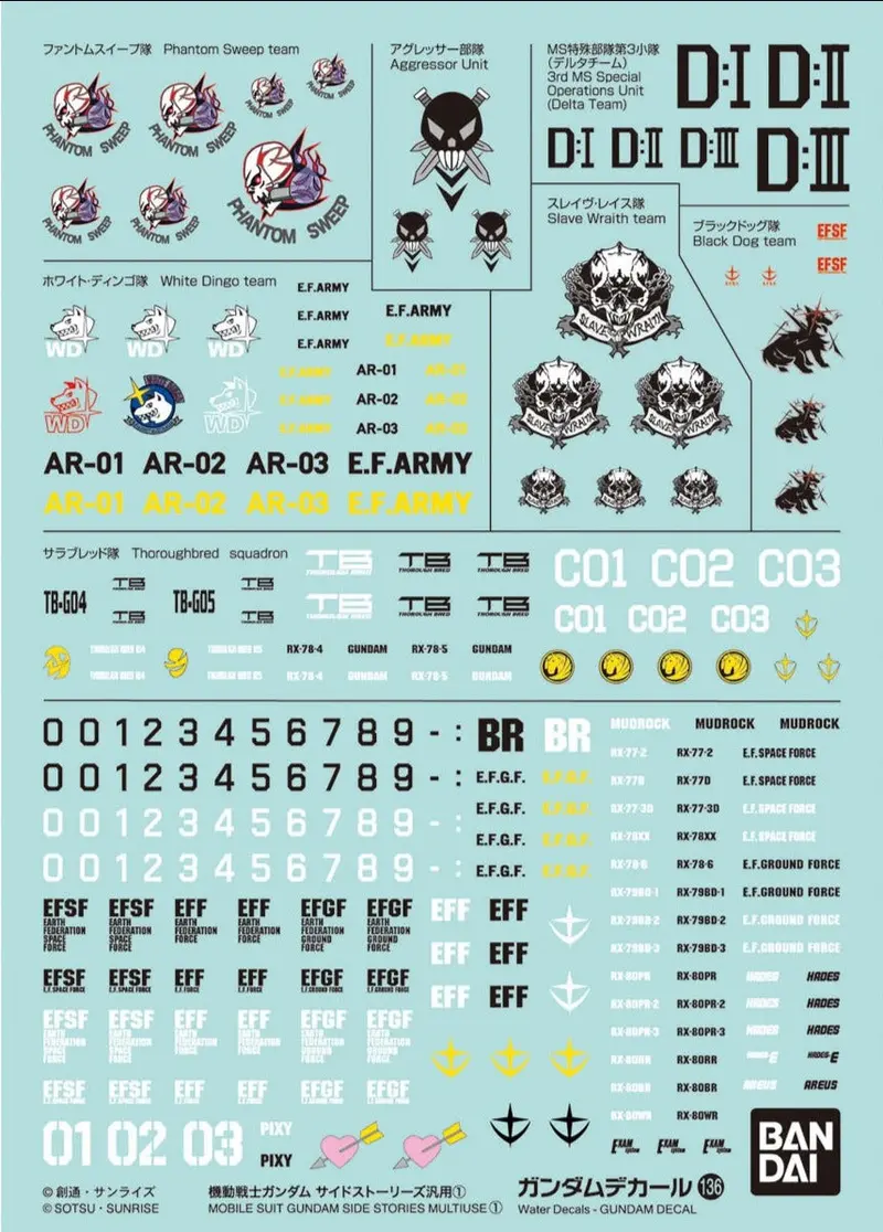 Bandai Gundam Decal #136 For Mobile Suit Gundam Side Stories Multiuse #1 Water Slide/Transfer Decals 1