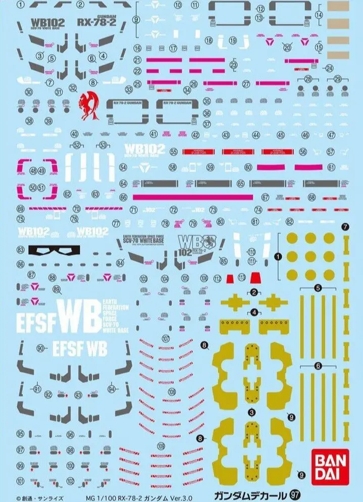 Bandai Gundam Decal #97 For 1/100 Mg Master Grade Rx-78-2 Gundam 3.0 Water Slide/Transfer Decals 1