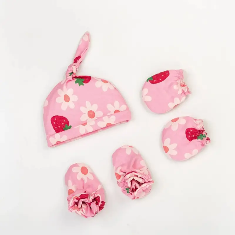 Beelittle Flower Strawberry Cotton Cap, Mittens And Booties (0-6 Months) 1
