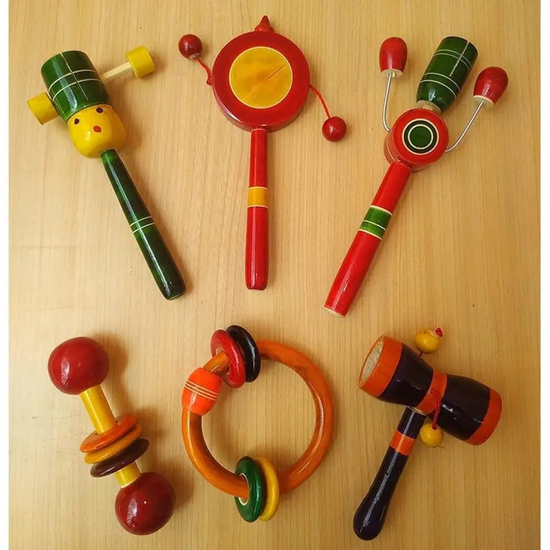 Channapatna Toys Set Of 6 Wooden Rattles For Baby (3-12 Months) | Assorted Colours 1