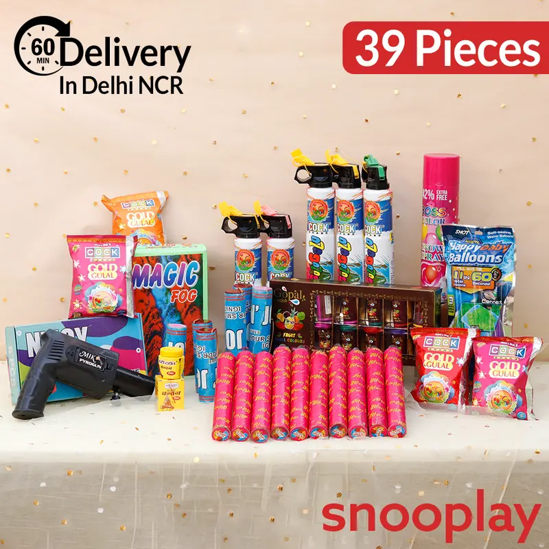Colourblast Holi Combo: Gulaal Shots, Boxes Of Color Fog, Snow Spray, Blaster, Ignitors, Balloons, Chandan, Water Colors & Gulaal | Assorted Colors & Prints 1