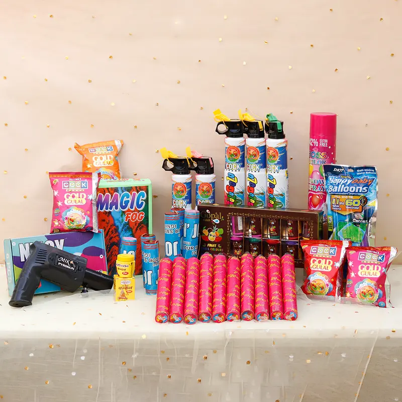 Colourblast Holi Combo: Gulaal Shots, Boxes Of Color Fog, Snow Spray, Blaster, Ignitors, Balloons, Chandan, Water Colors & Gulaal | Assorted Colors & Prints 2