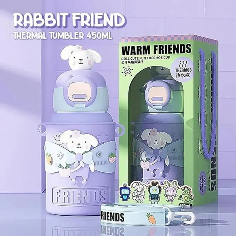 Cuddlenest Rabbit Design Water Bottle With Straw & Sipper - 450Ml 1