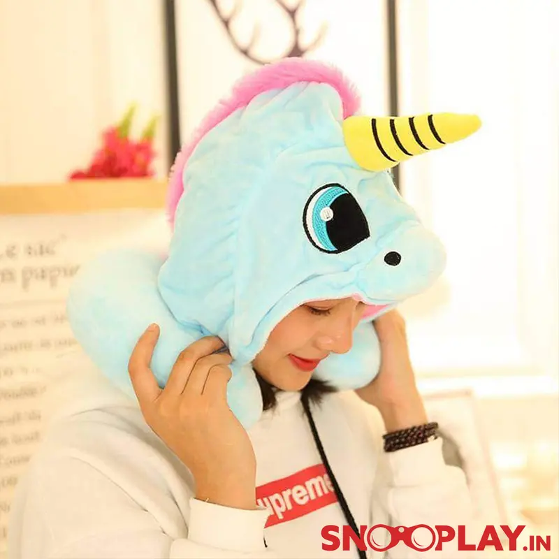 Cute Unicorn Hoodie Travel Neck Pillow | Blue & Pink 1