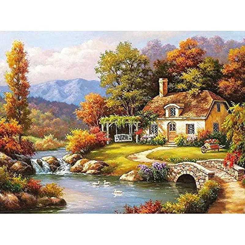 Diy Paint By Number Painting Kit Without Frame - Cottage By The River (13 Years Till Grown Ups) 1