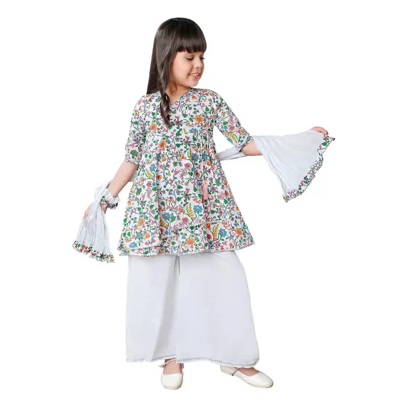 Nino Bambino Printed Angrakha Kurti With Plazo & Dupatta 1