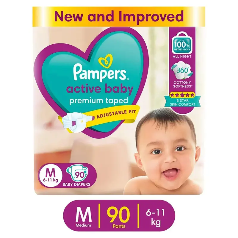 Pampers Active Baby Taped Diapers - M Size | 90 Counts (6-11 Kg) 1