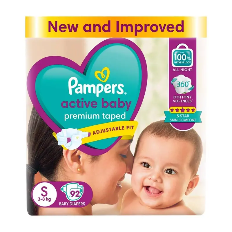 Pampers Active Baby Taped Diapers - S Size | 92 Counts (3-8 Kg) 1