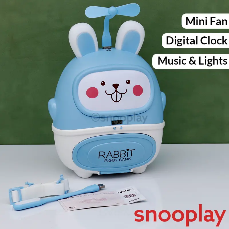 Rabbit Backpack Piggy Bank With Table Lamp, Mini Fan & Clock | Colorful Lights & Music (3-8 Years) | Assorted Colors 1