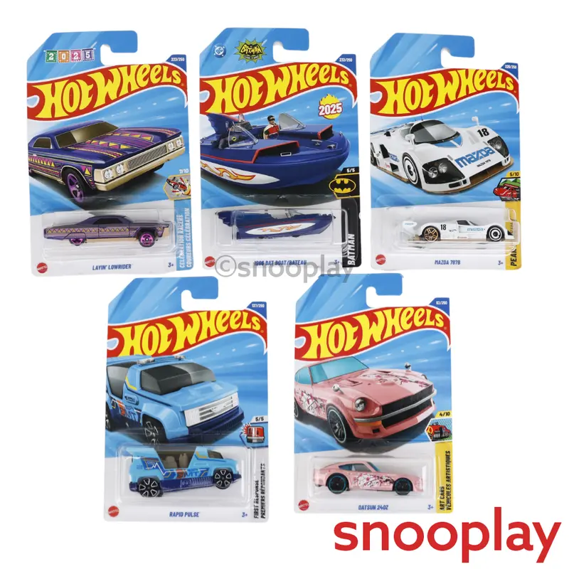 Set Of 5 Hot Wheels [Hw 437] - Mazda 787B, Rapid Pulse, 1966 Bat Boat/Bateau, Datsun 240Z, Layin' Lowrider 1