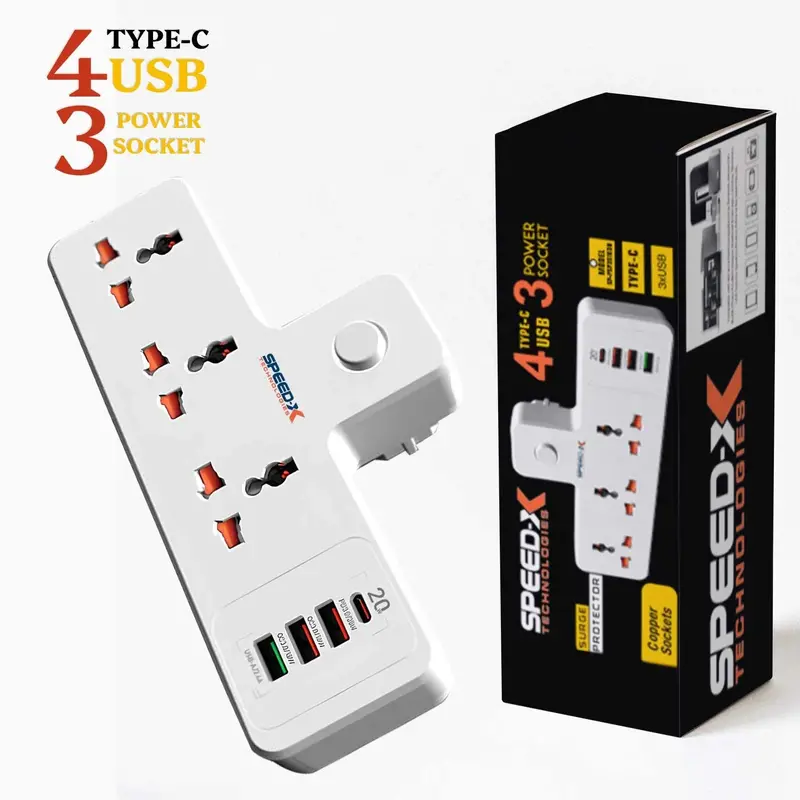 Speed-X 303Puc Premium Portable Power Strip – 3 Sockets, 3 Usb Ports & 1 Type-C Port 1