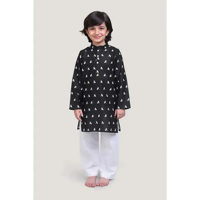 Story Tailor Bell The Cat - Boys Kurta Pajama Set | Black (6-12 Months) 1