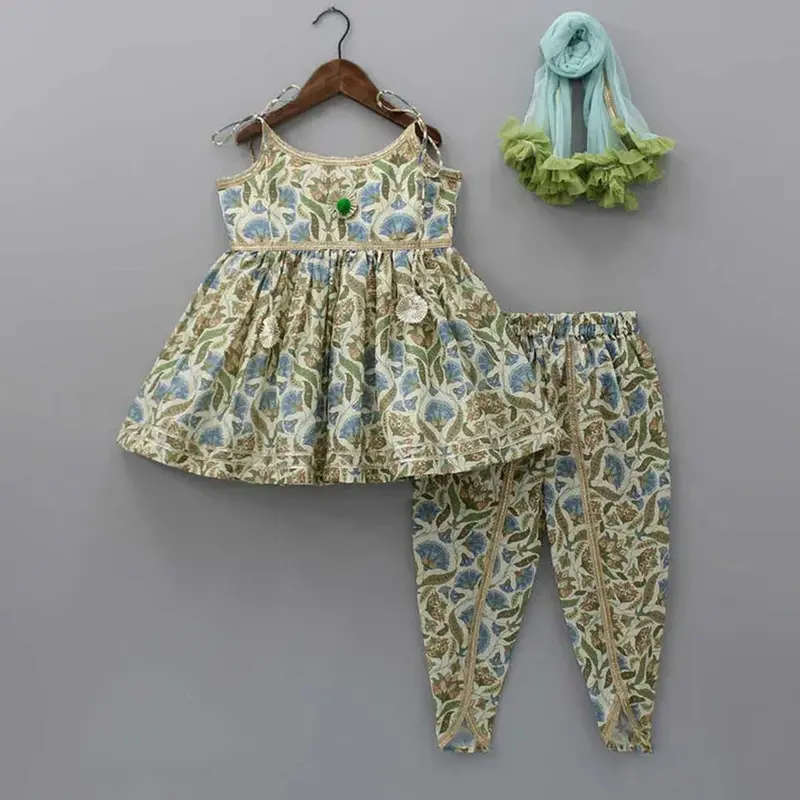 The Little Tales Tie-Up Straps Top And Matching Dhoti With Net Blue Dupatta 1