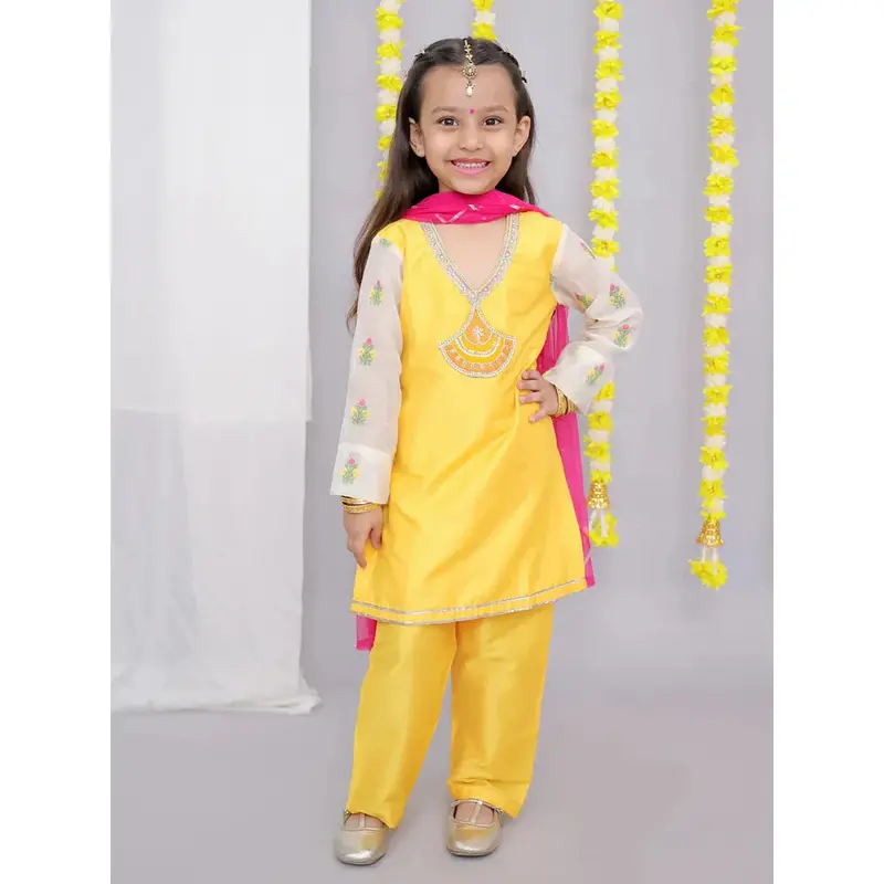 The Wishing Closet Mustard White Chanderi Emb Kurta Set - 5 Years To 10 Years 1
