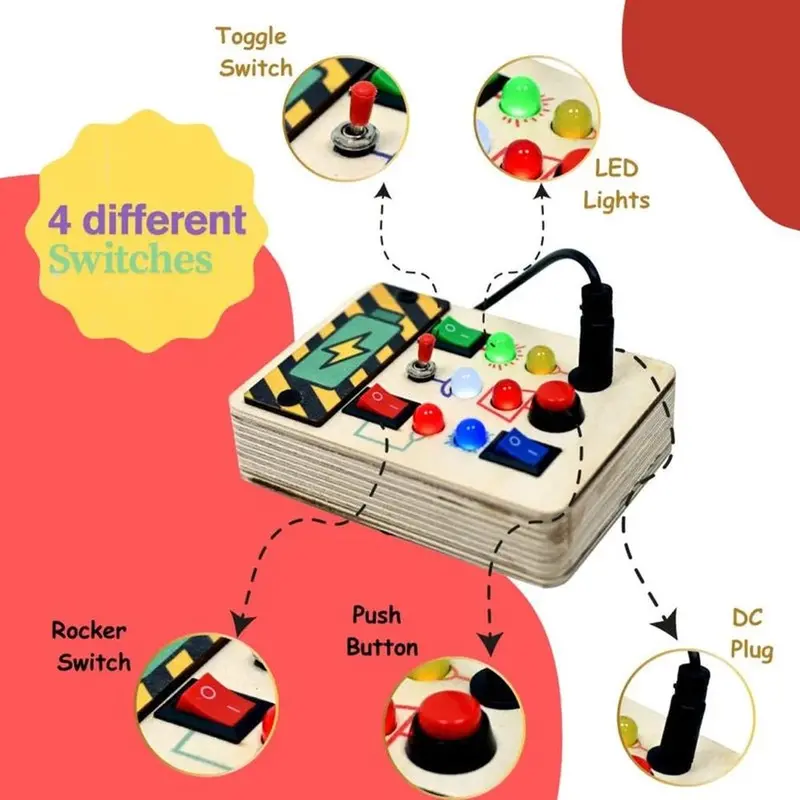 Timgloo Plug & Play Montessori Busy Board - Wooden Sensory Toy With Lights & Switches (1-6 Years) 1