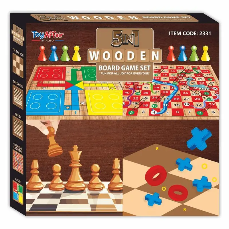 Toyaffair 5 In 1 Wooden Board Game Set - Ludo, Snakes & Ladders, Checkers, Chess, & Tic Tac Toe (4 Years Till Grown Ups) 1