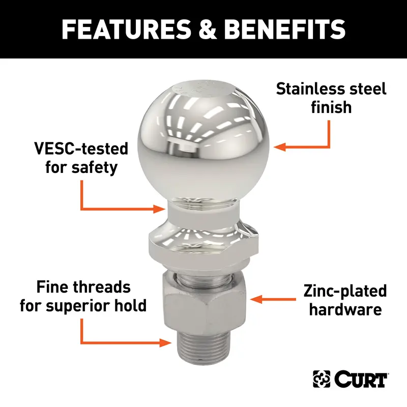 Curt 40051 Stainless Steel 1-7/8" Trailer Ball – 1" X 2-1/8" Shank, 3,500 Lb Capacity 1