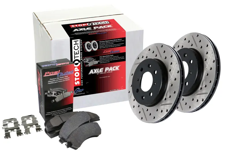 Stoptech 935.65038 Street Brake Kit – Drilled & Slotted Rotors With Premium Pads (4-Wheel Set) 1